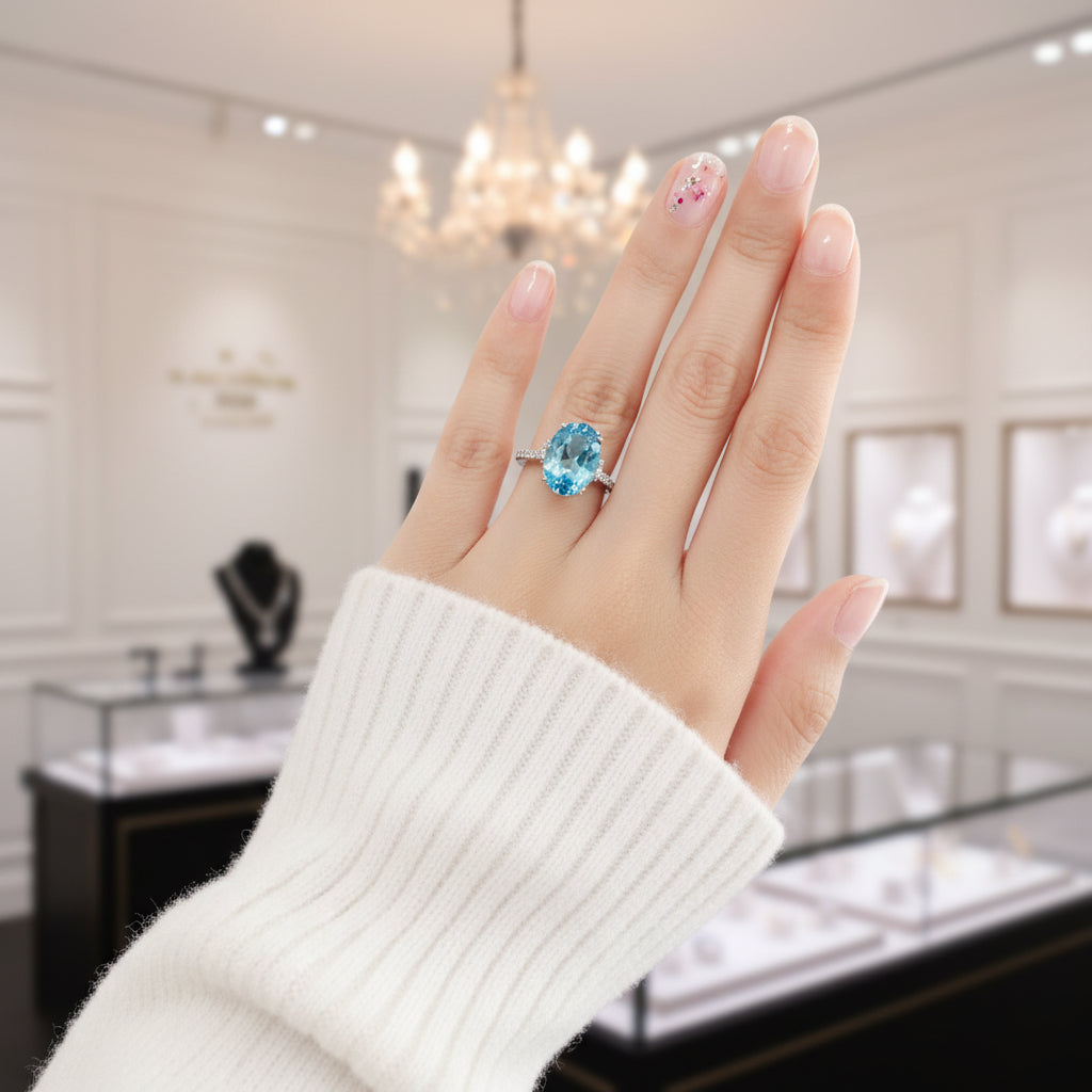 14K White Gold 6.5 Ct Oval Swiss Blue Topaz 0.22 Ct Diamond Option-Black Diamonds New York