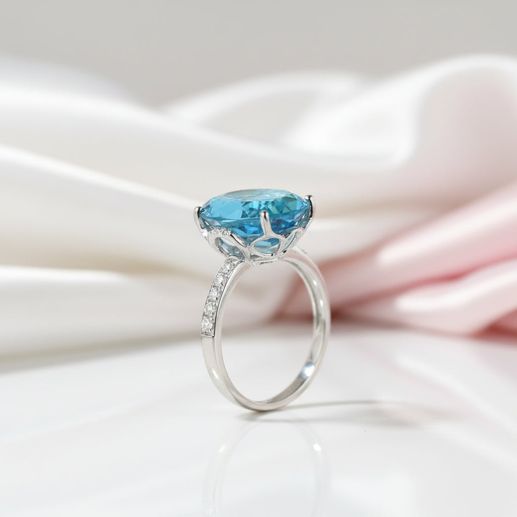 14K White Gold 6.5 Ct Oval Swiss Blue Topaz 0.22 Ct Diamond Option-Black Diamonds New York
