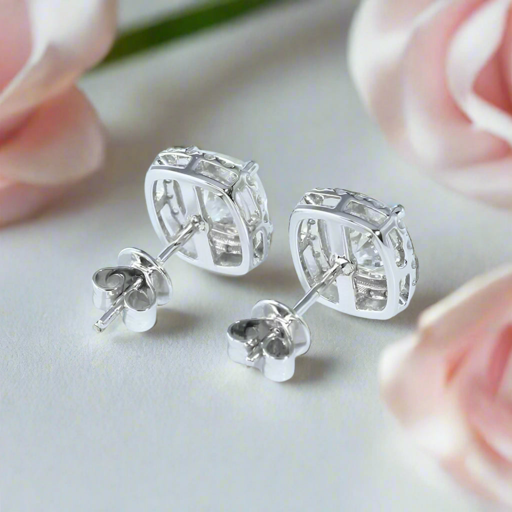 14k White Gold 6mm Cushion Cut Diamond Halo Stud Earrings-Black Diamonds New York
