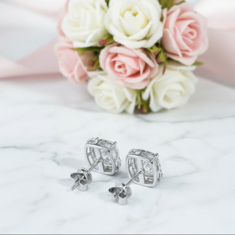 14k White Gold 6mm Cushion Cut Diamond Option Halo Stud Earrings-Black Diamonds New York