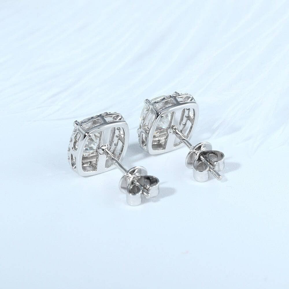 14K White Gold 6mm Cushion Cut Moissanite Halo Stud Earrings-Black Diamonds New York