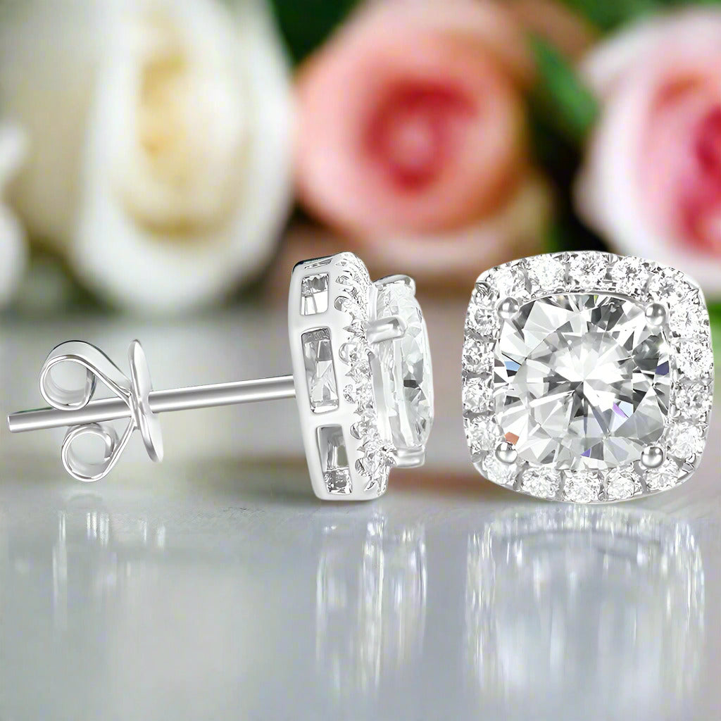 14k White Gold 6mm Cushion Cut Diamond Halo Stud Earrings-Black Diamonds New York