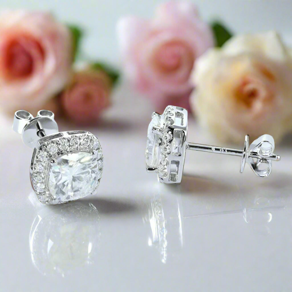 14k White Gold 6mm Cushion Cut Diamond Halo Stud Earrings-Black Diamonds New York