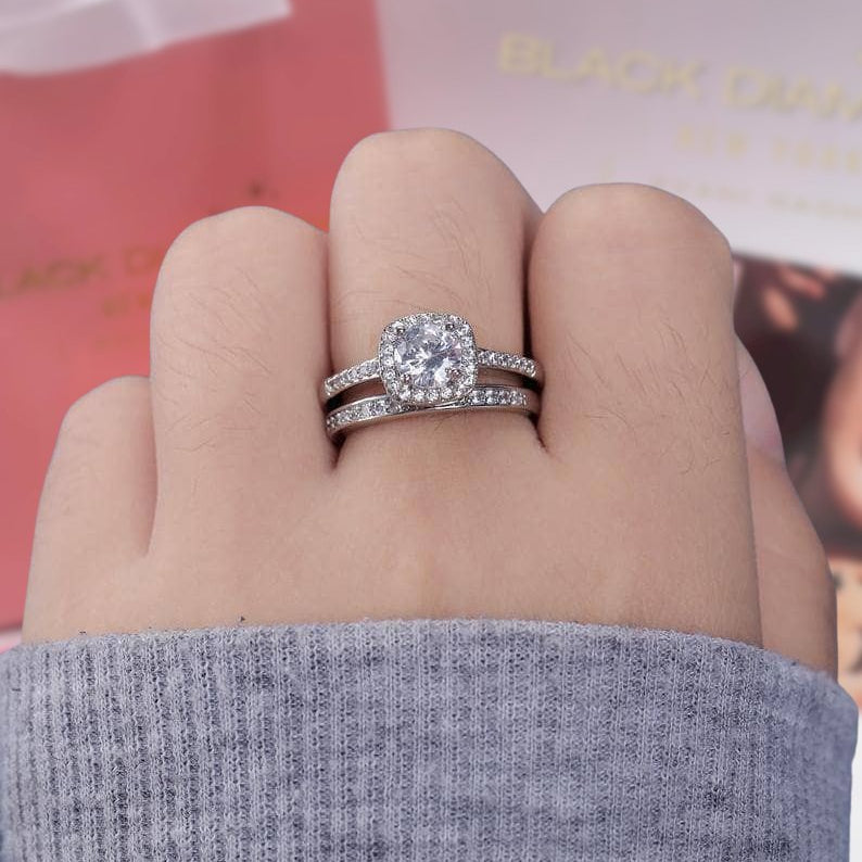 14k White Gold 6mm Diamond Halo Engagement Ring Set-Black Diamonds New York