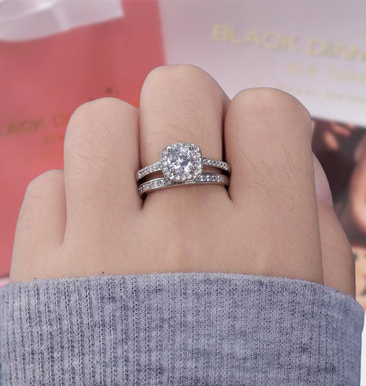 14k White Gold 6mm Diamond Halo Engagement Ring Set-Black Diamonds New York