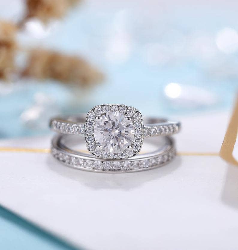 14k White Gold 6mm Moissanite Halo Engagement Ring Set-Black Diamonds New York