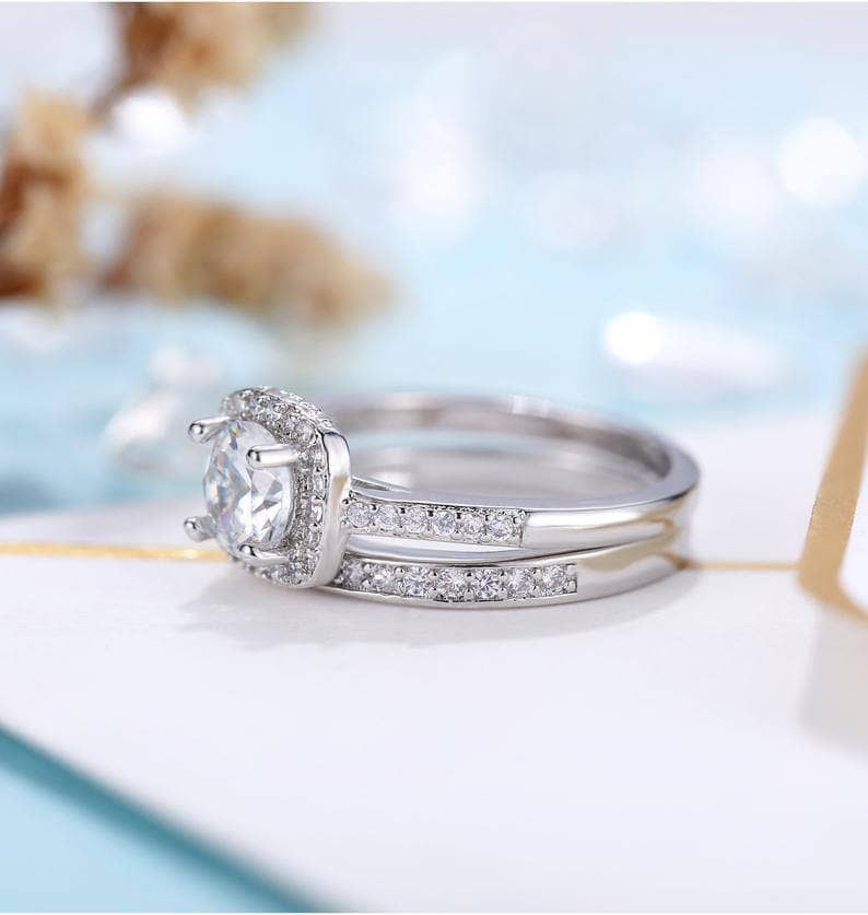 14k White Gold 6mm Moissanite Halo Engagement Ring Set - Black Diamonds New York