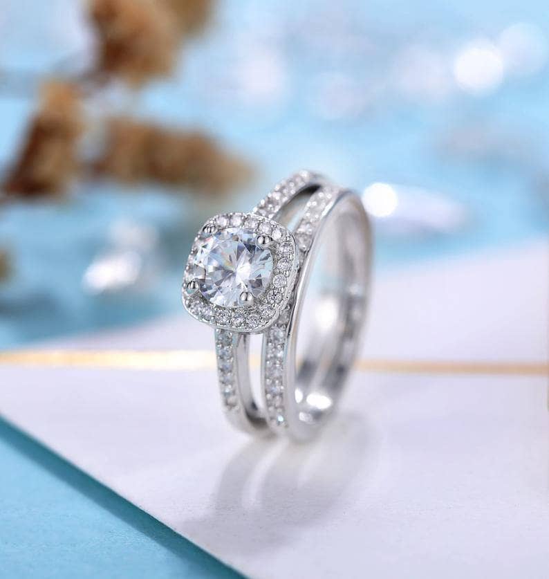 14k White Gold 6mm Moissanite Halo Engagement Ring Set - Black Diamonds New York