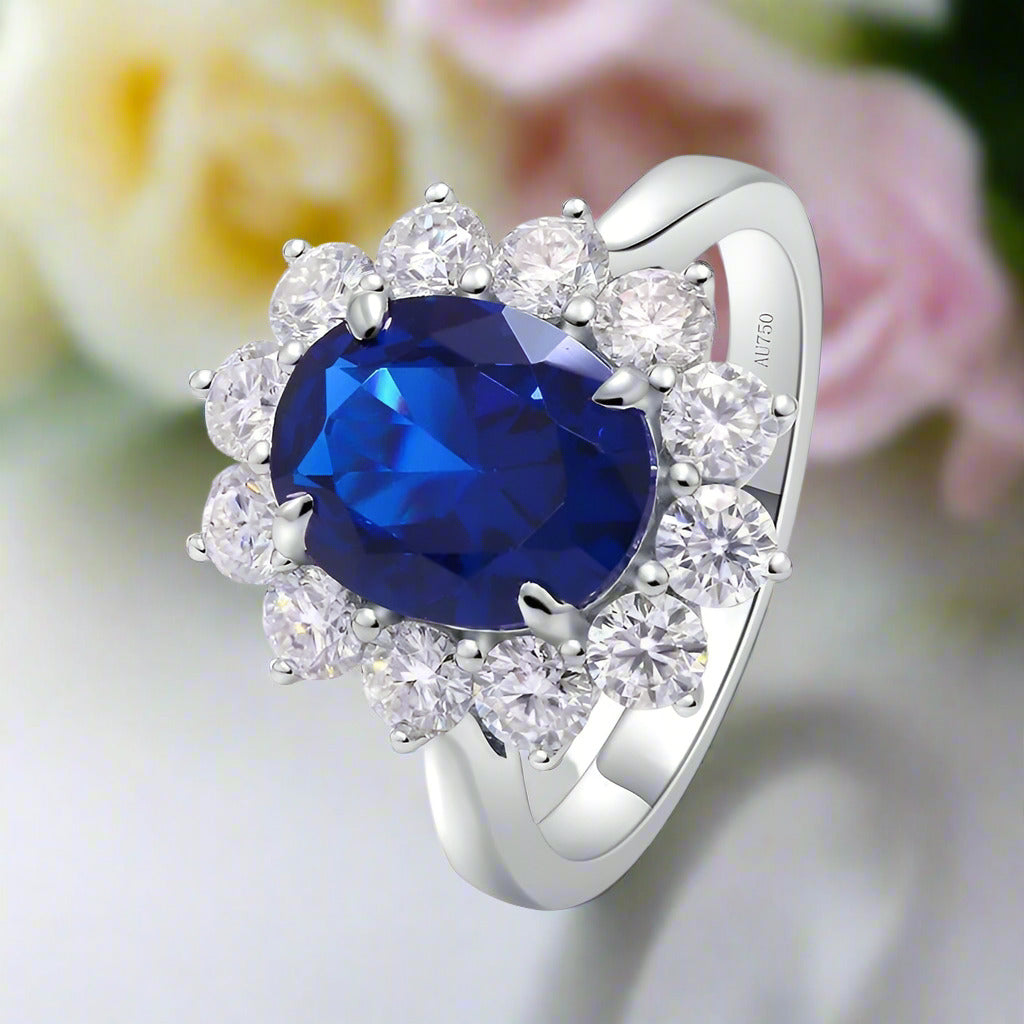 14k White Gold Oval Cut Sapphire with Diamond Engagement Ring-Black Diamonds New York