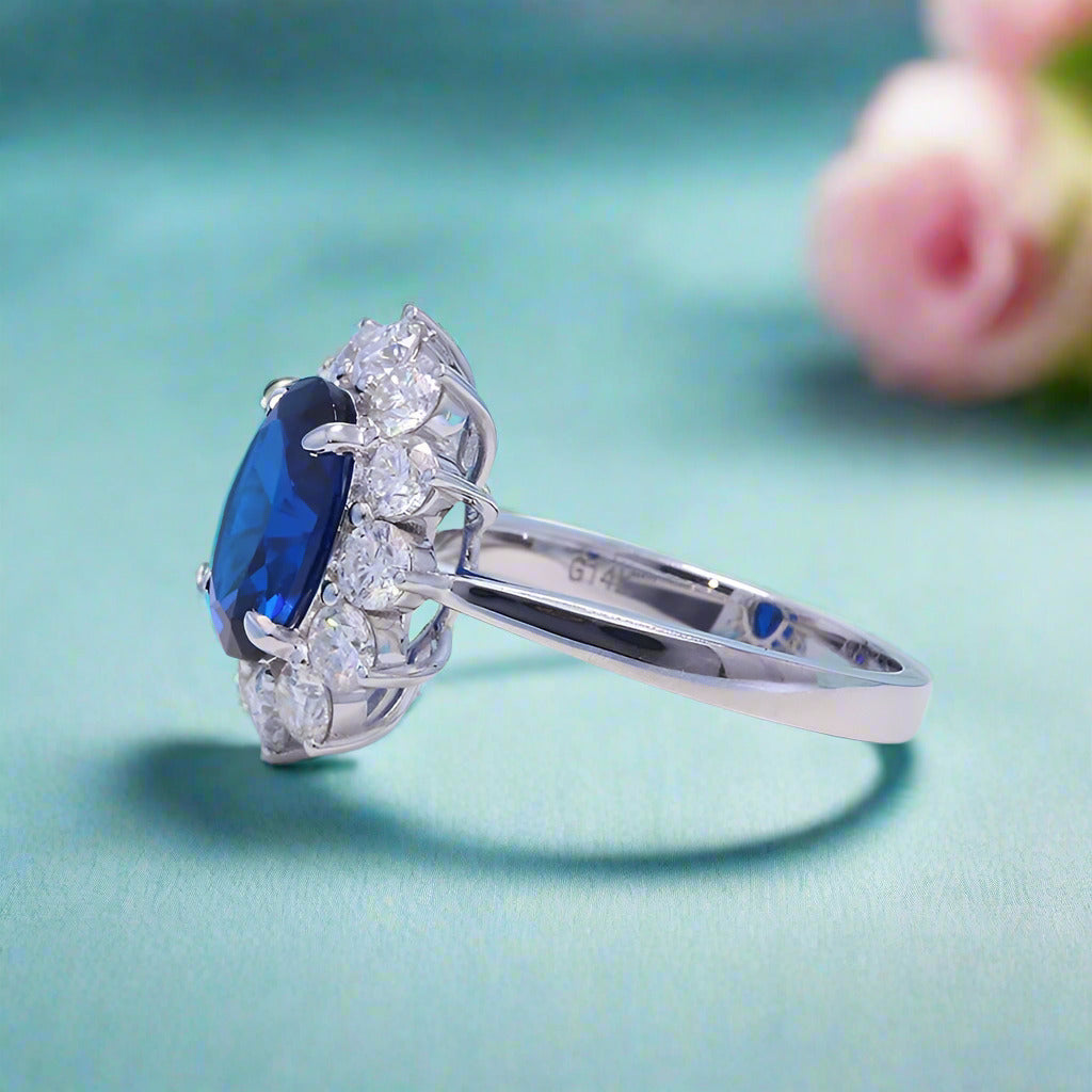 14k White Gold Oval Cut Sapphire with Diamond Engagement Ring-Black Diamonds New York