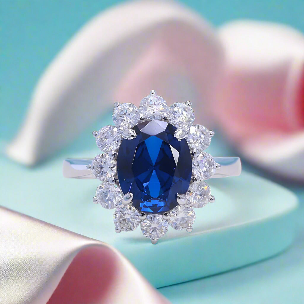 14k White Gold Oval Cut Sapphire with Diamond Engagement Ring-Black Diamonds New York