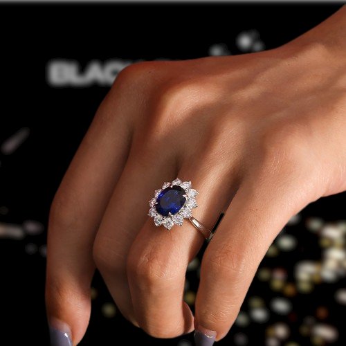 14K White Gold 8x10mm Sapphire with Moissanite Engagement Ring-Black Diamonds New York
