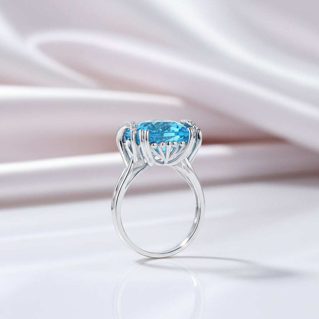 14k White Gold 9.65ct Cushion Swiss Blue Topaz Diamond Option-Black Diamonds New York