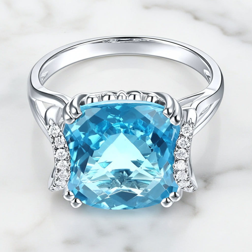 14k White Gold 9.65ct Cushion Swiss Blue Topaz Diamond Option-Black Diamonds New York