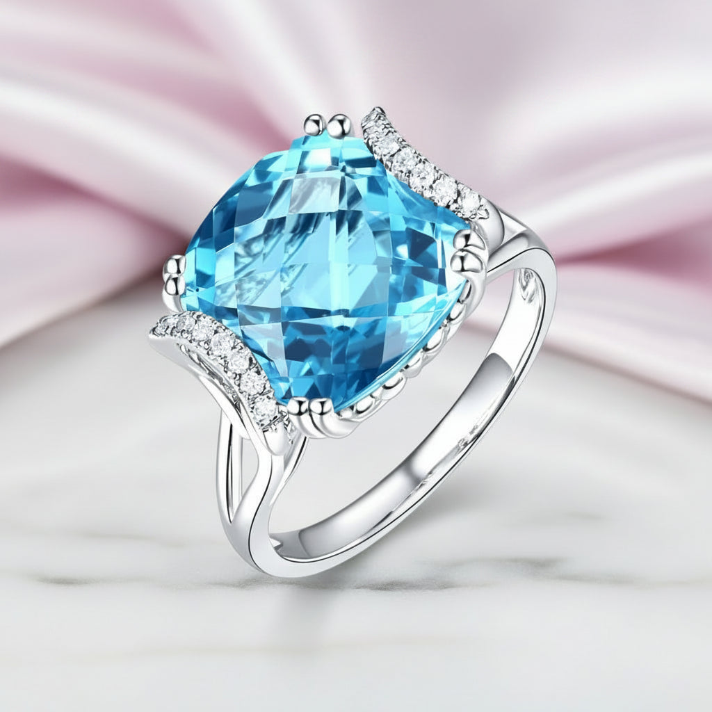 14k White Gold 9.65ct Cushion Swiss Blue Topaz Diamond Option-Black Diamonds New York