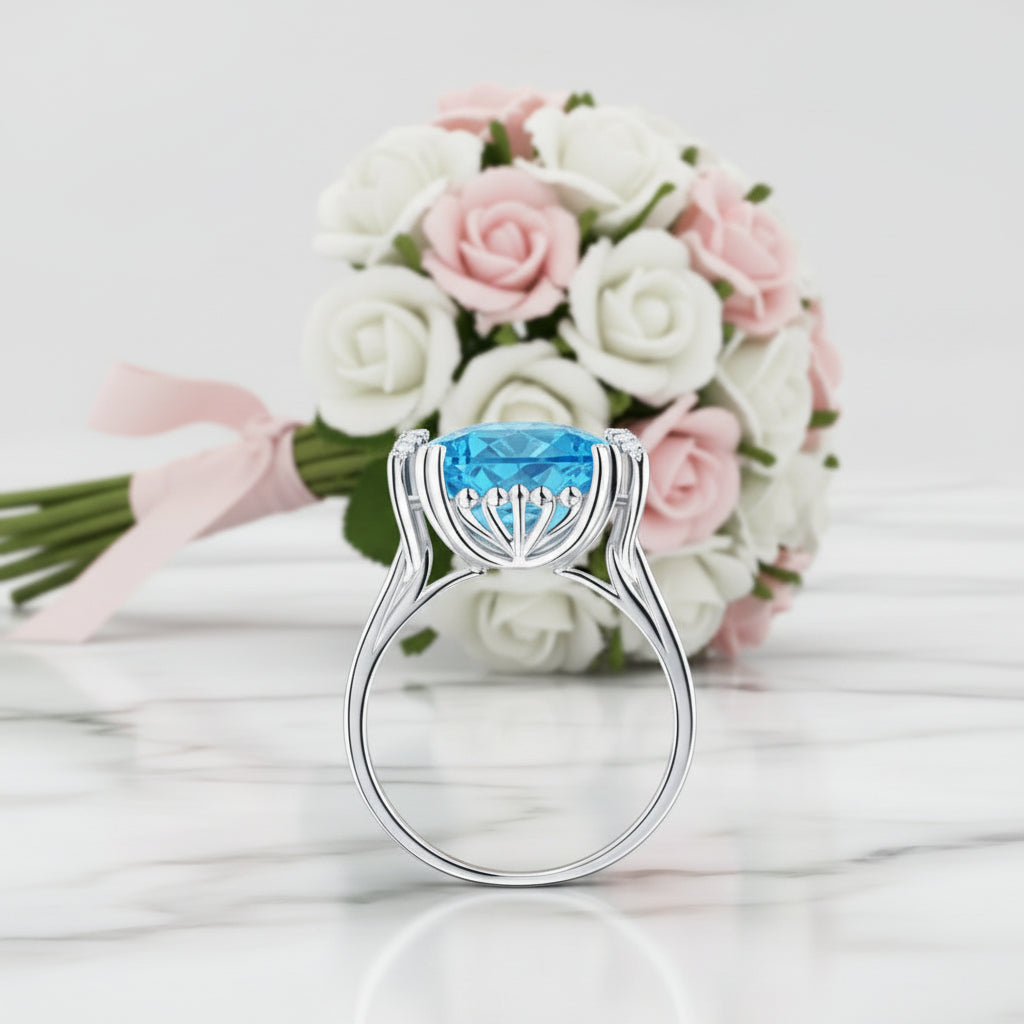 14k White Gold 9.65ct Cushion Swiss Blue Topaz Diamond Option-Black Diamonds New York