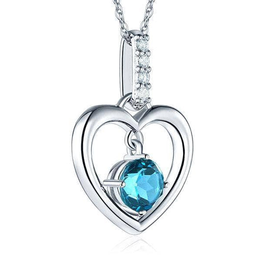 14K White Gold Blue Topaz Heart Pendant Necklace 0.04ct Diamond