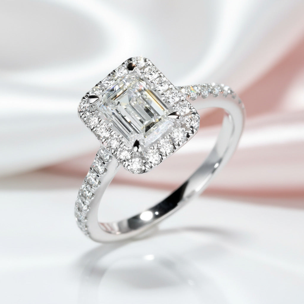 14k White Gold 1.0 Ct Emerald Cut Diamond Option Halo Engagement Ring-Black Diamonds New York