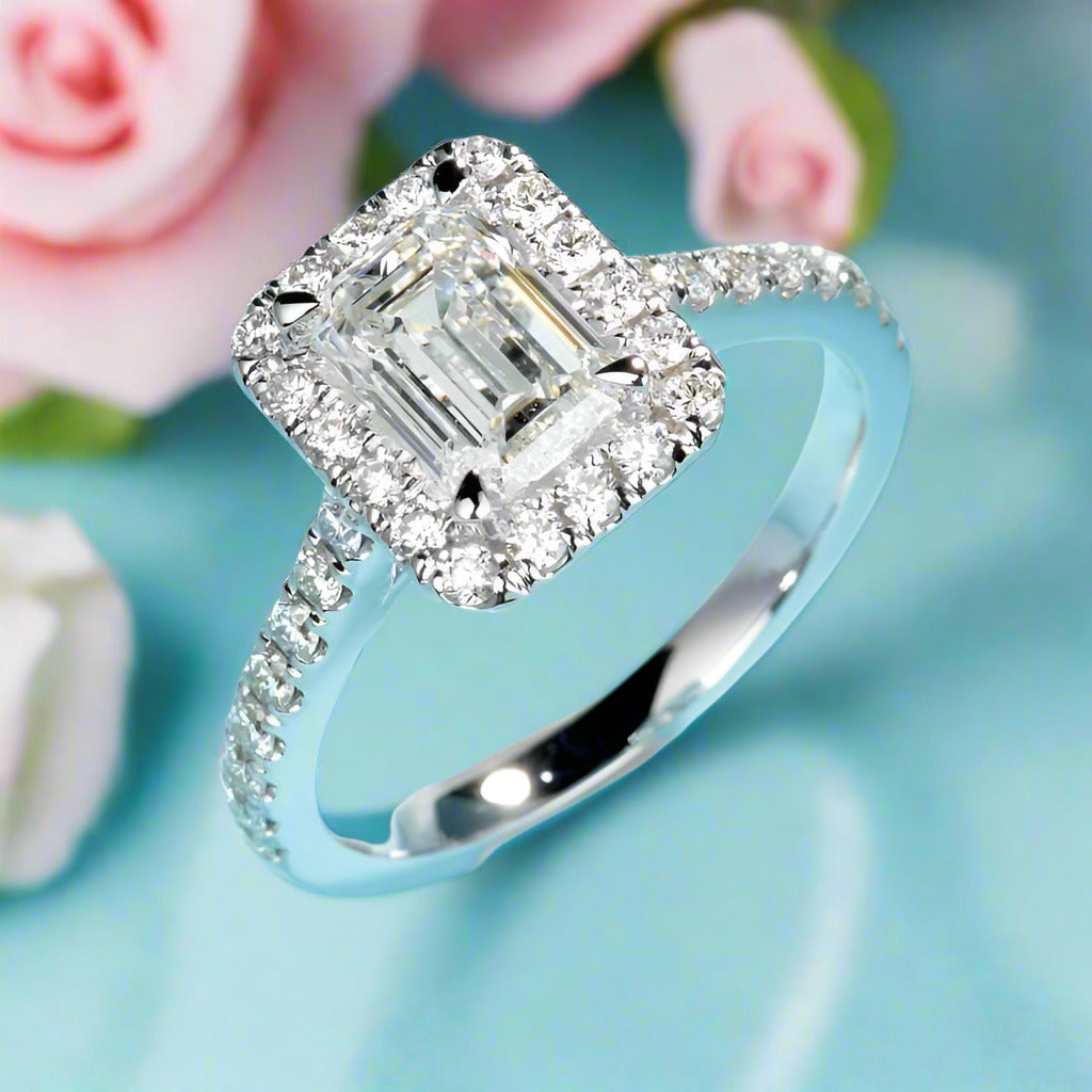14k White Gold 1.0 Ct Emerald Cut Diamond Halo Engagement Ring-Black Diamonds New York