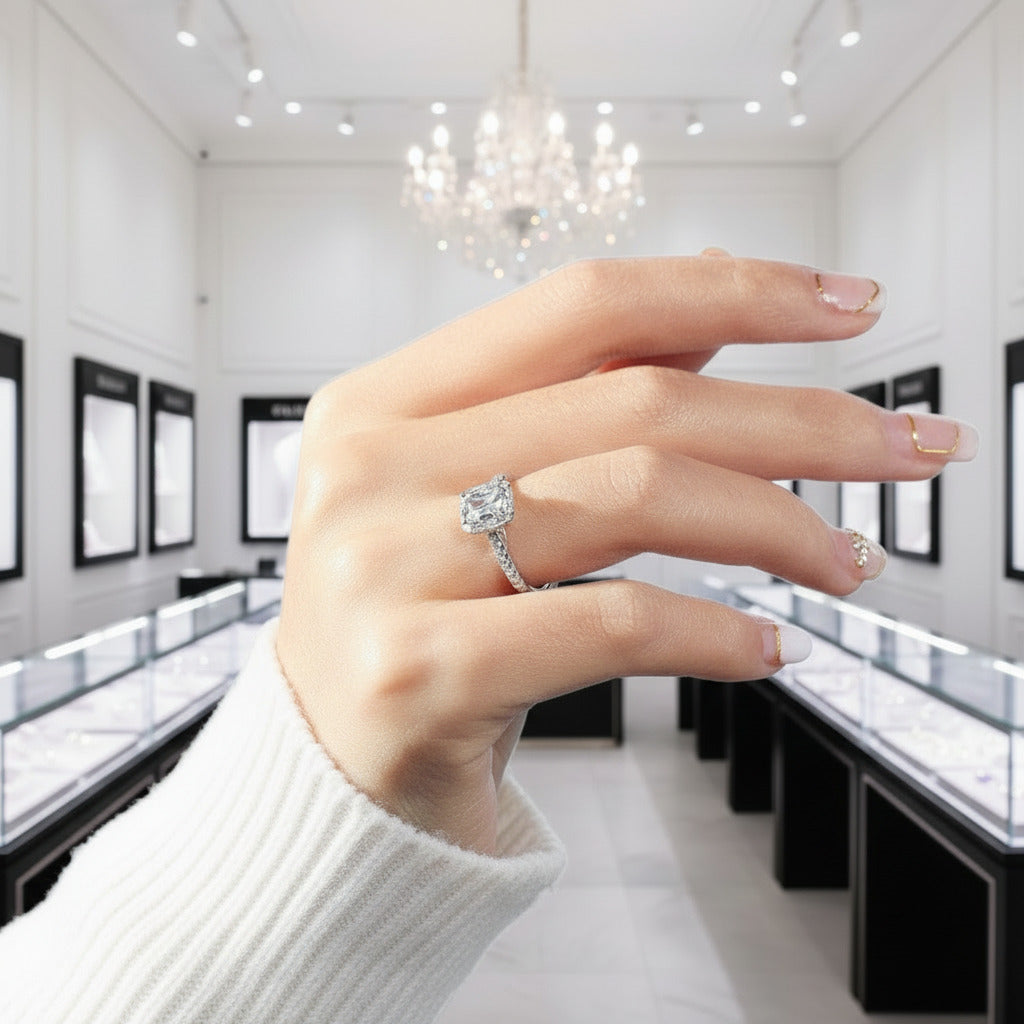 14k White Gold 1.0 Ct Emerald Cut Diamond Option Halo Engagement Ring-Black Diamonds New York