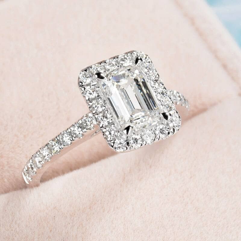 14K White Gold Center 1ct Emerald Cut Moissanite Halo Engagement - Black Diamonds New York