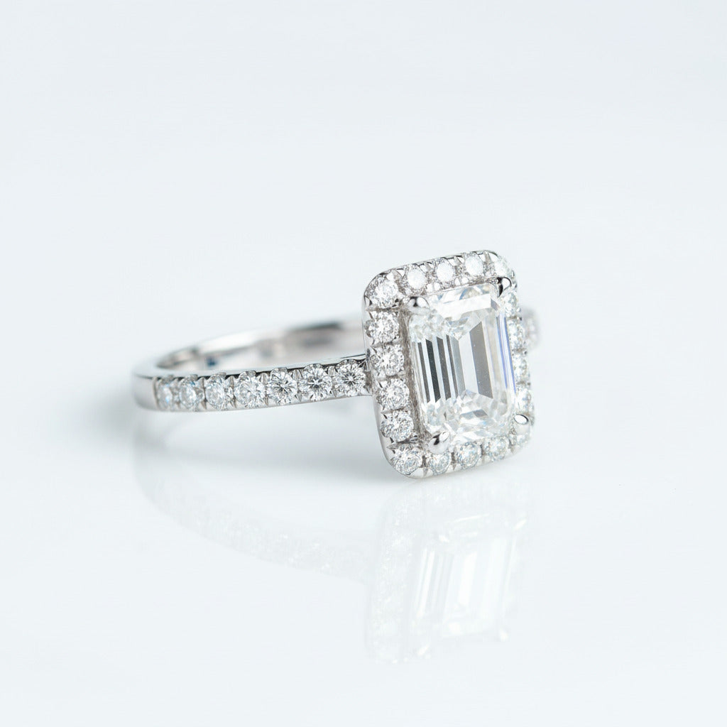 14k White Gold 1.0 Ct Emerald Cut Diamond Option Halo Engagement Ring-Black Diamonds New York