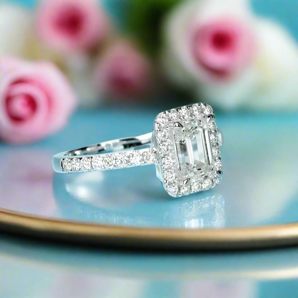 14k White Gold 1.0 Ct Emerald Cut Diamond Halo Engagement Ring-Black Diamonds New York