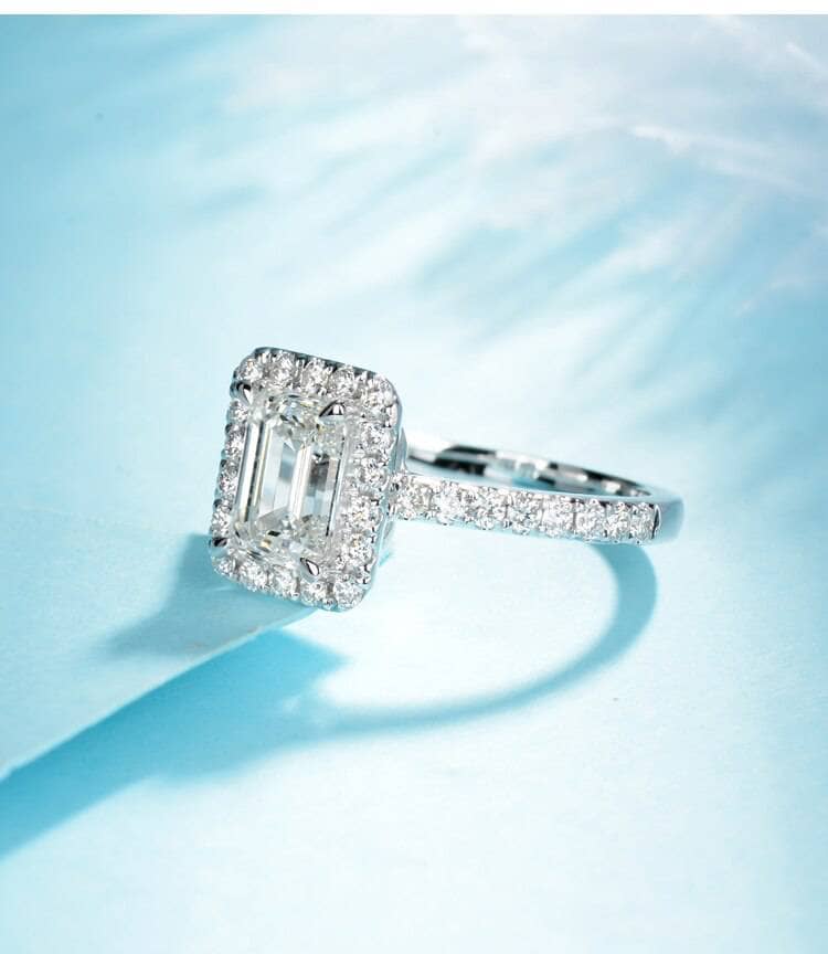 14K White Gold Center 1ct Emerald Cut Moissanite Halo Engagement - Black Diamonds New York
