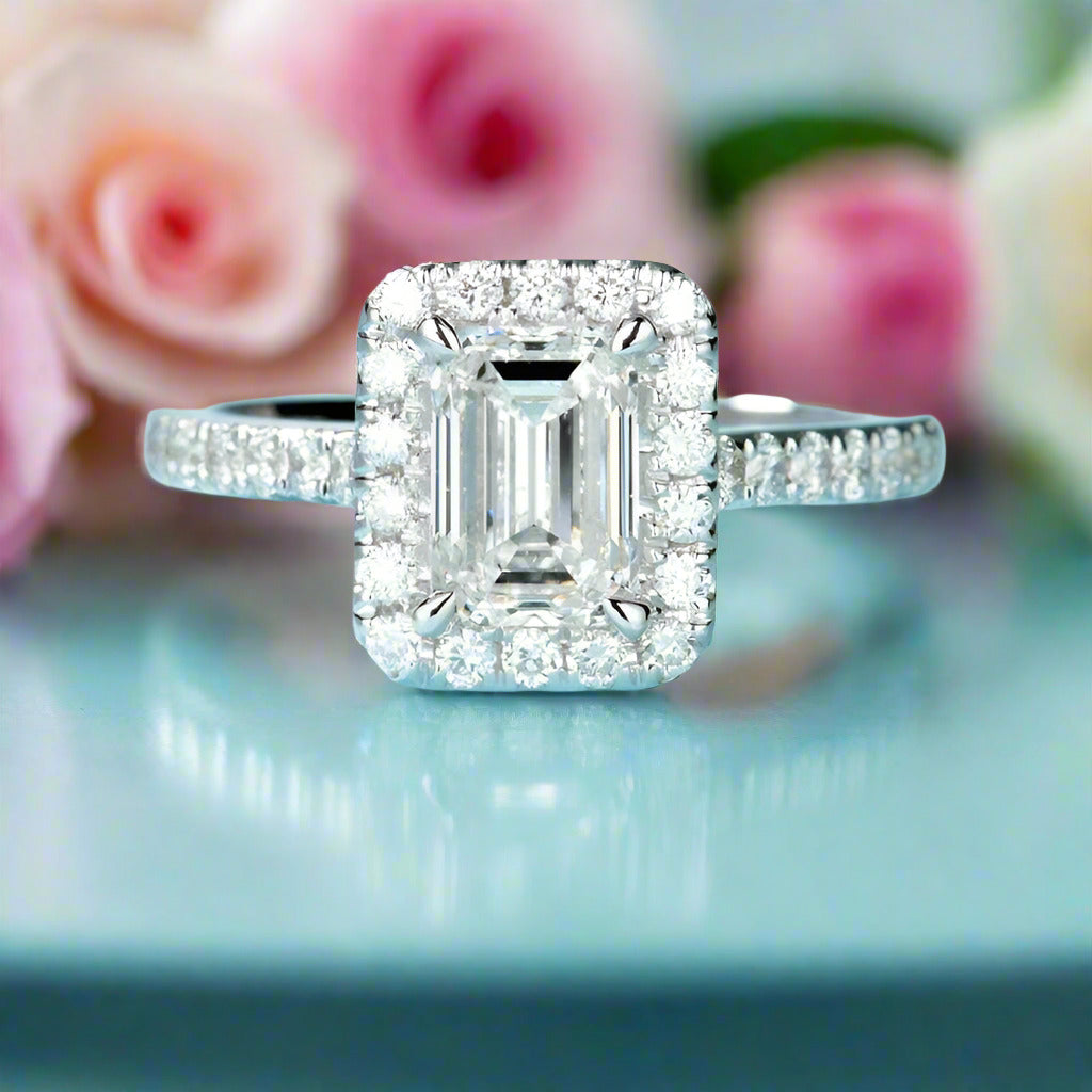14k White Gold 1.0 Ct Emerald Cut Diamond Halo Engagement Ring-Black Diamonds New York