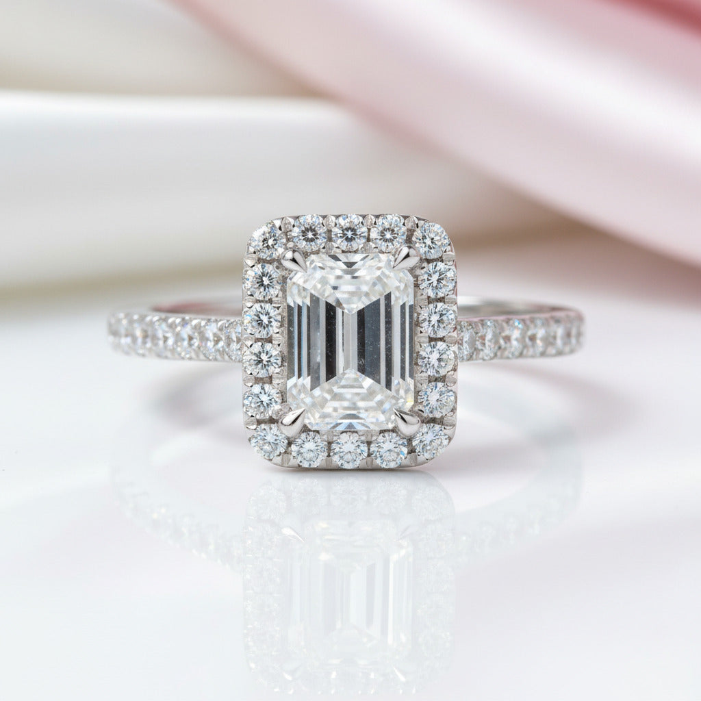 14k White Gold 1.0 Ct Emerald Cut Diamond Option Halo Engagement Ring-Black Diamonds New York
