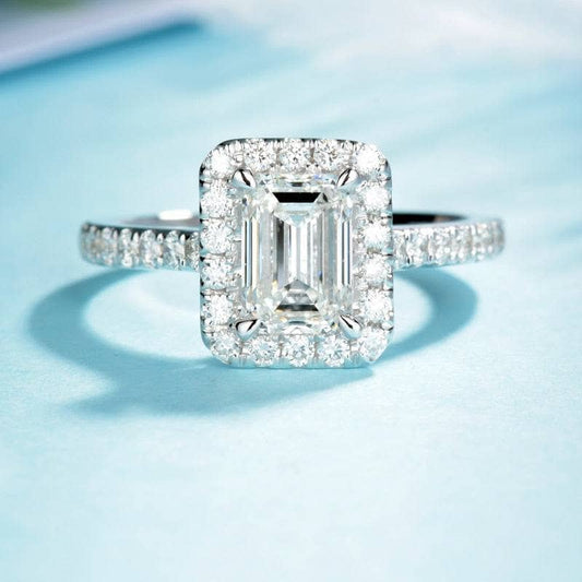 14K White Gold Center 1ct Emerald Cut Moissanite Halo Engagement-Black Diamonds New York
