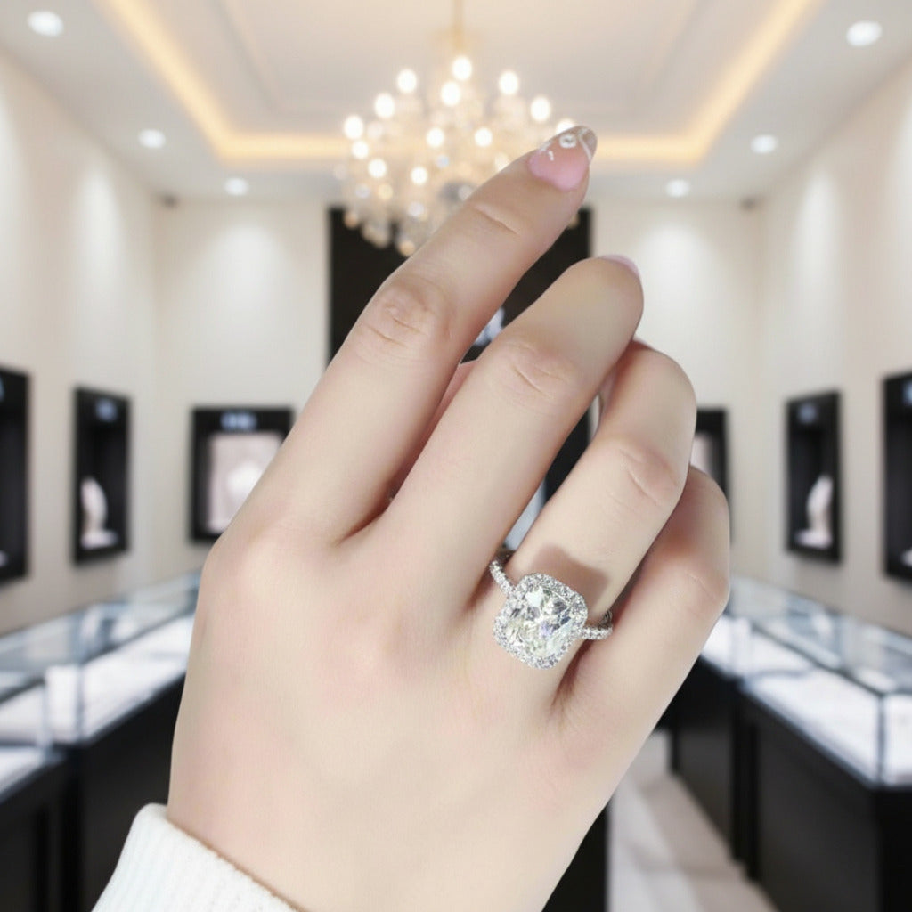 14k White Gold Classic Luxury 5ct 9*11mm Cushion Cut Halo Engagement Ring-Black Diamonds New York