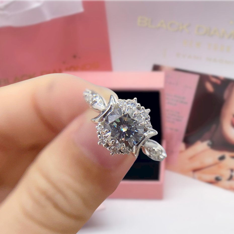 14k White Gold Crescent Moon Ring with 1ct Round cut Grey Diamond-Black Diamonds New York