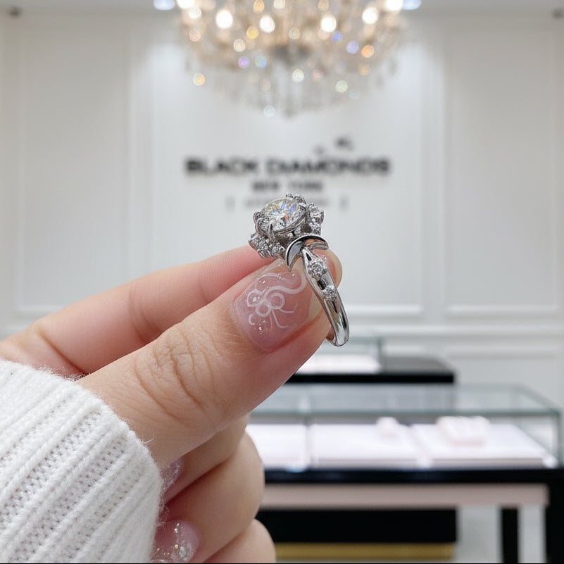 VIP Dream Ring- 14k White Gold Crescent Moon Ring (Aftersale Service)-Black Diamonds New York