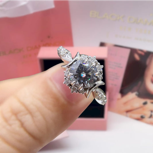 14k White Gold Crescent Moon Ring with 1ct Round cut Grey Moissanite - Black Diamonds New York