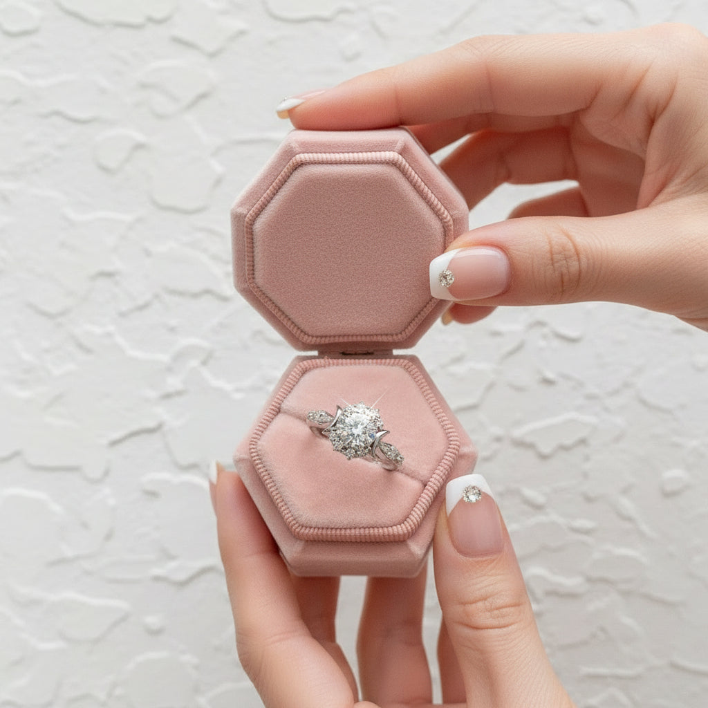 14K White Gold Crescent Moon Ring with Ct Round Cut Grey