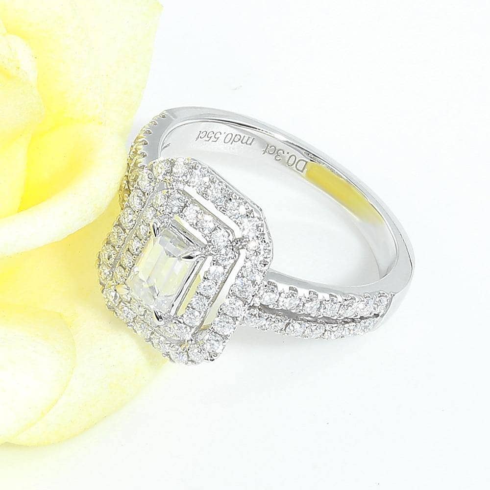 14k White Gold Emerald Cut Double Halo Diamond Engagement Ring-Black Diamonds New York