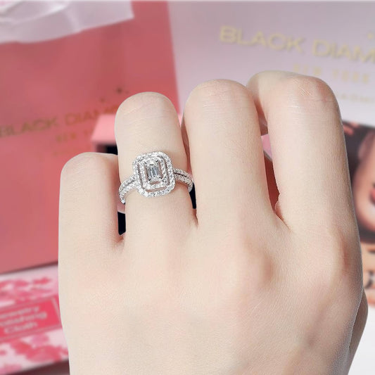 14k White Gold Emerald Cut Double Halo Moissanite Engagement Ring - Black Diamonds New York