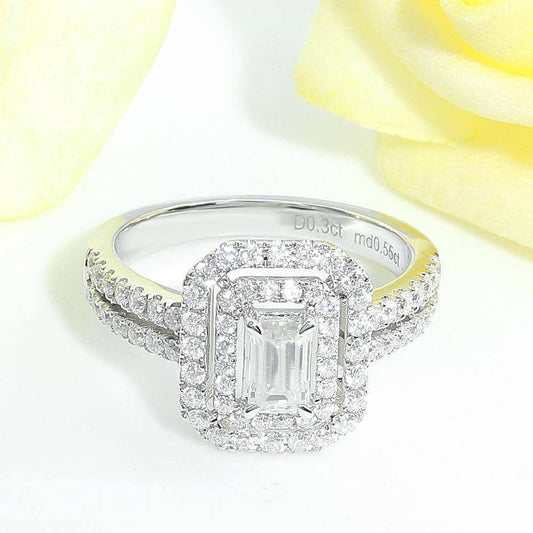14k White Gold Emerald Cut Double Halo Moissanite Engagement Ring-Black Diamonds New York