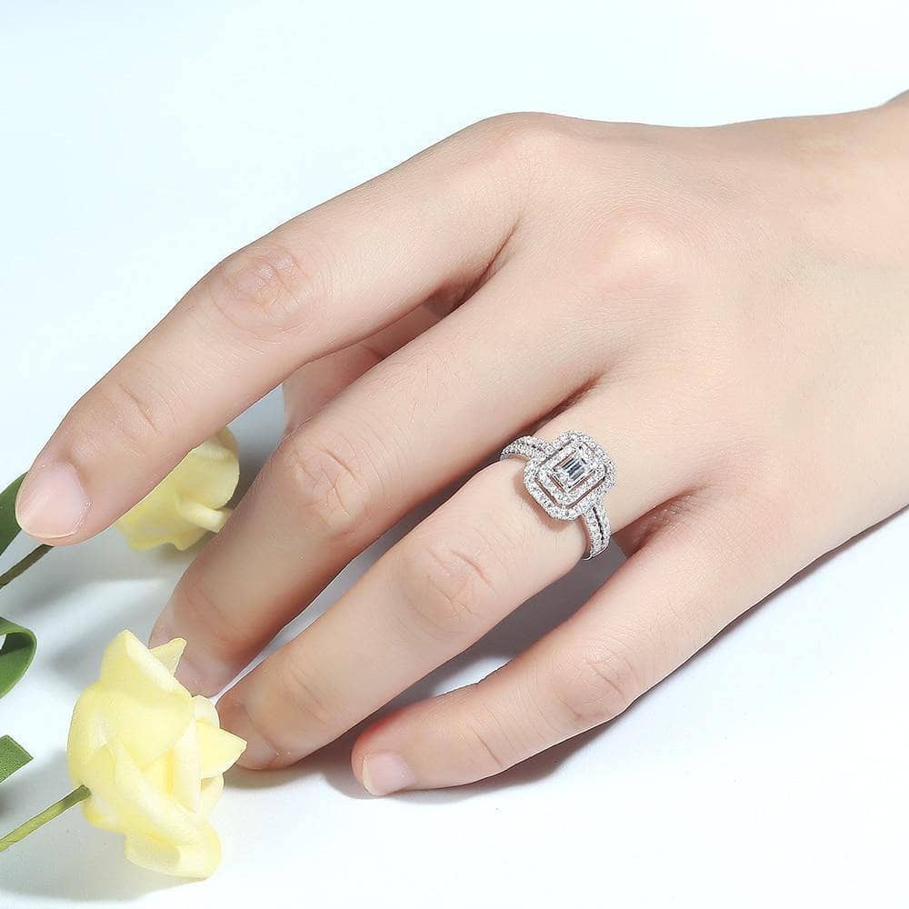 14k White Gold Emerald Cut Double Halo Moissanite Engagement Ring-Black Diamonds New York