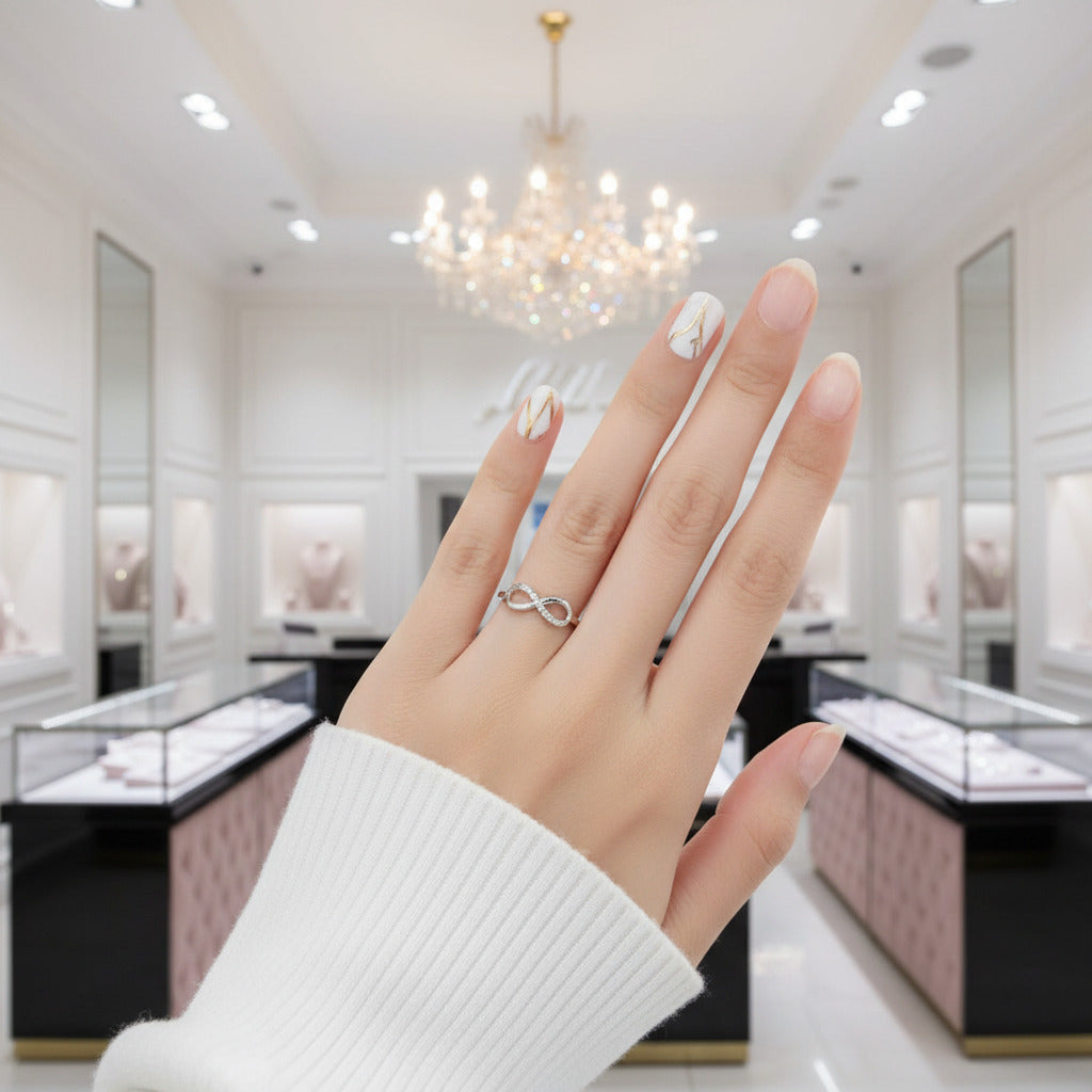 14K White Gold Infinity Ring 0.08ct Diamond Option-Black Diamonds New York