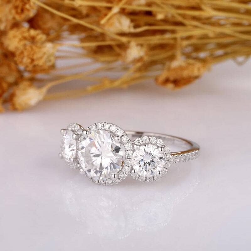 14K White Gold Moissanite Three-Stone Halo Engagement Ring-Black Diamonds New York