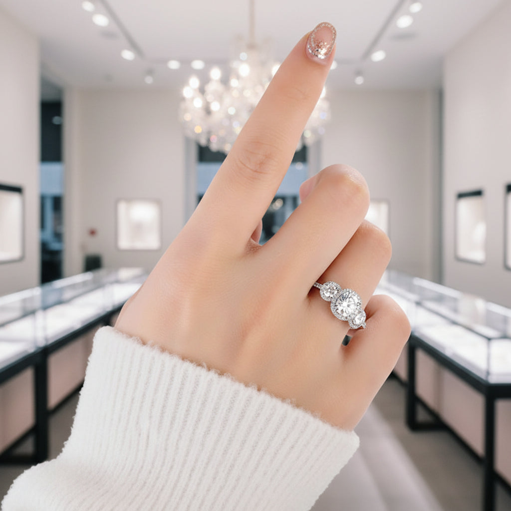 14k White Gold Diamond Three-Stone Halo Engagement Ring-Black Diamonds New York