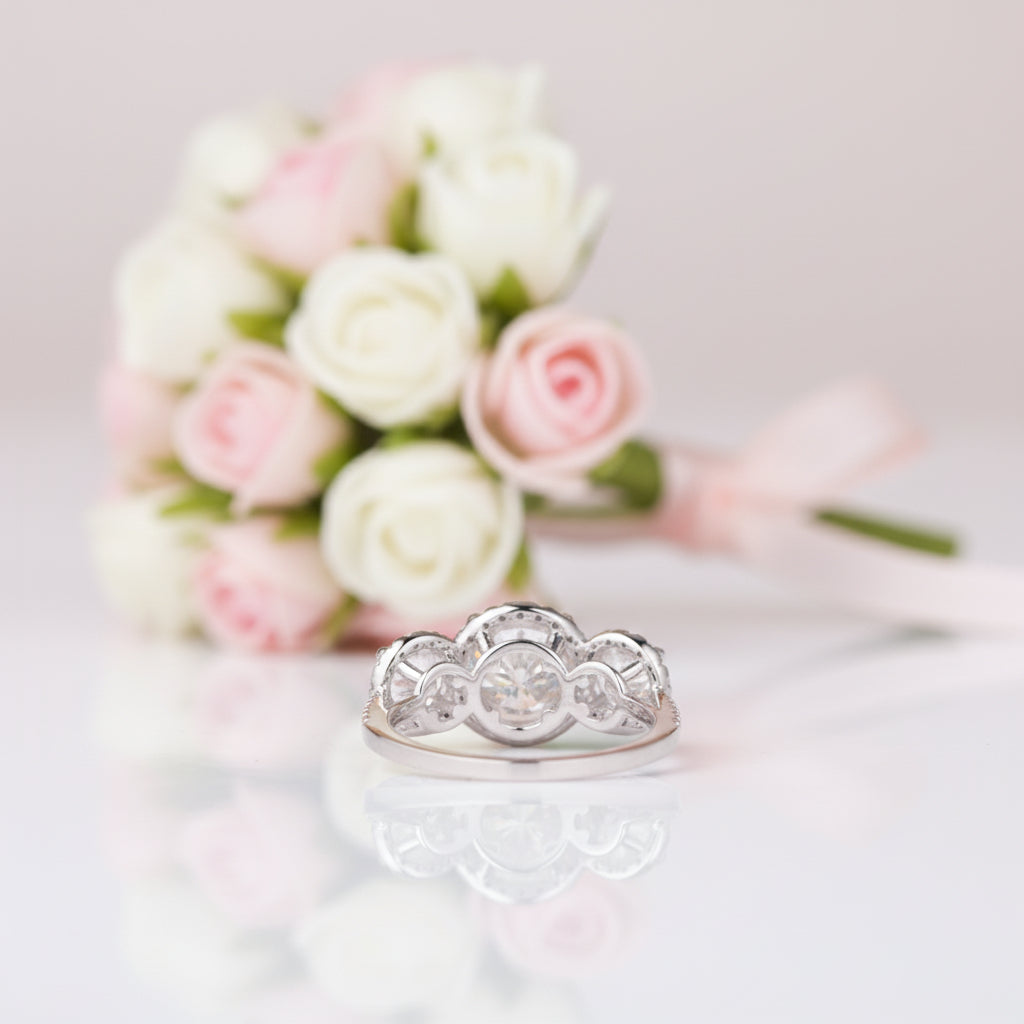 14k White Gold Diamond Option Three-Stone Halo Engagement Ring-Black Diamonds New York