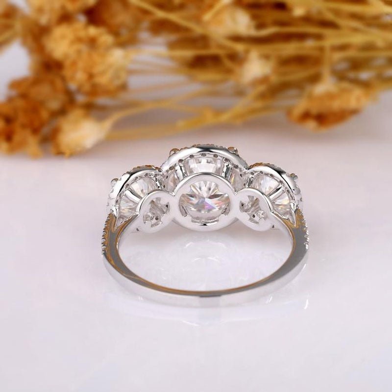 14K White Gold Moissanite Three-Stone Halo Engagement Ring - Black Diamonds New York