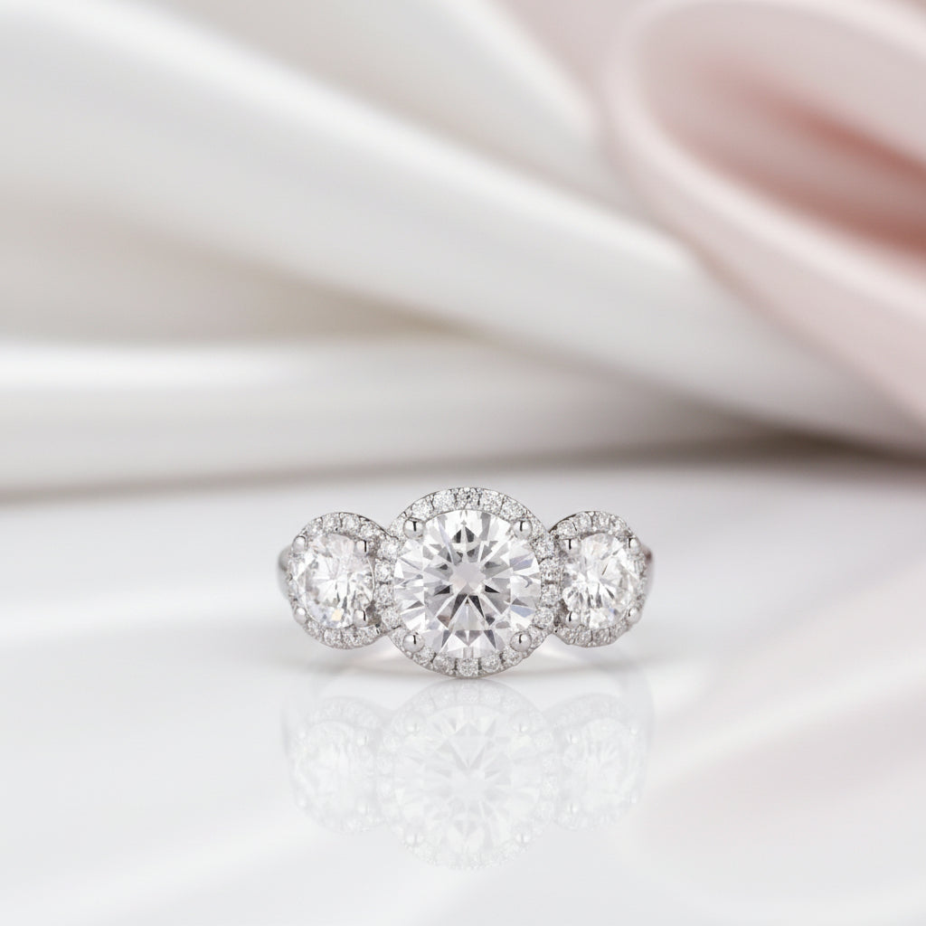 14k White Gold Diamond Option Three-Stone Halo Engagement Ring-Black Diamonds New York