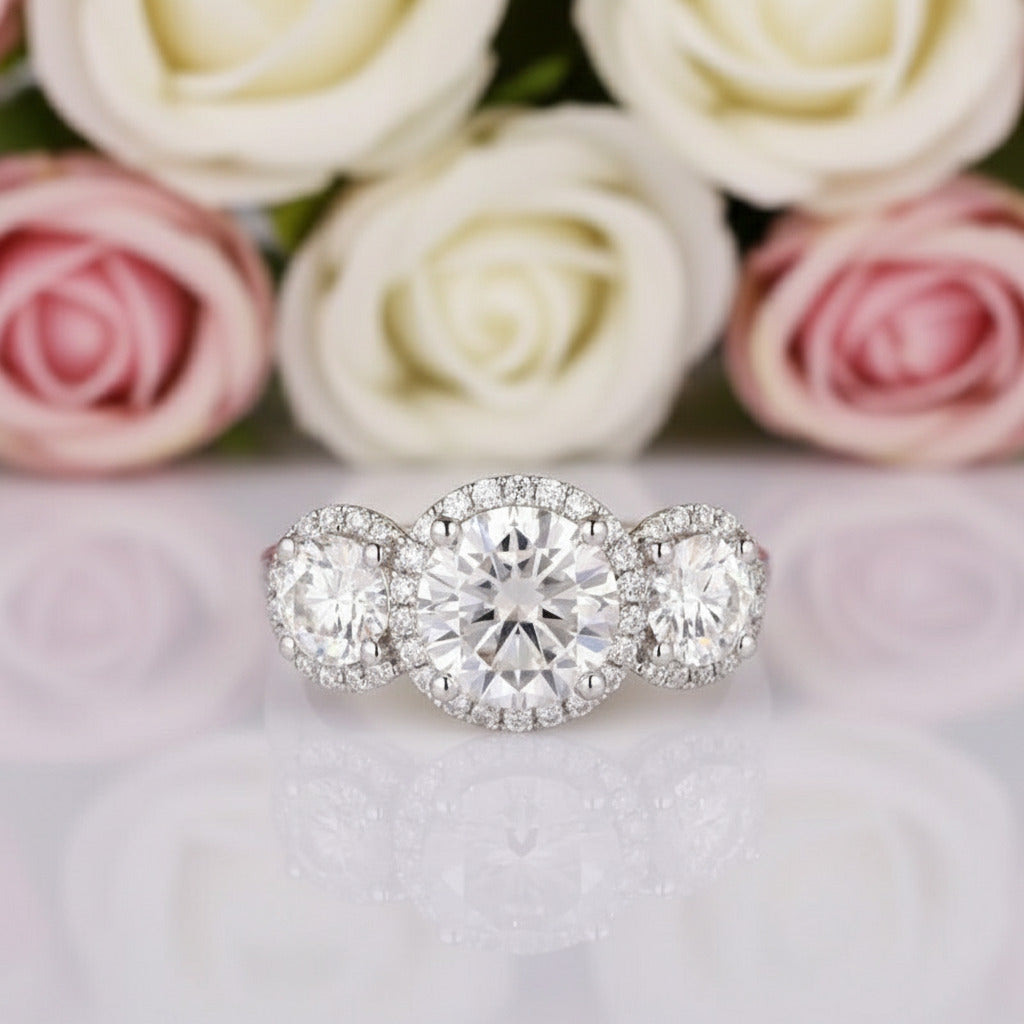 14k White Gold Diamond Three-Stone Halo Engagement Ring-Black Diamonds New York