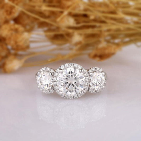 14K White Gold Diamond Three-Stone Halo Engagement Ring-Black Diamonds New York