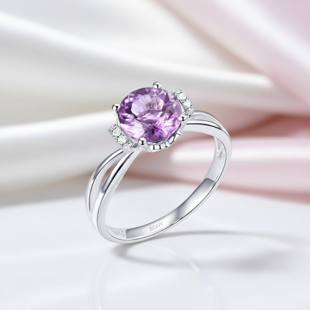 14k White Gold Purple Amethyst Diamond Option Ring-Black Diamonds New York