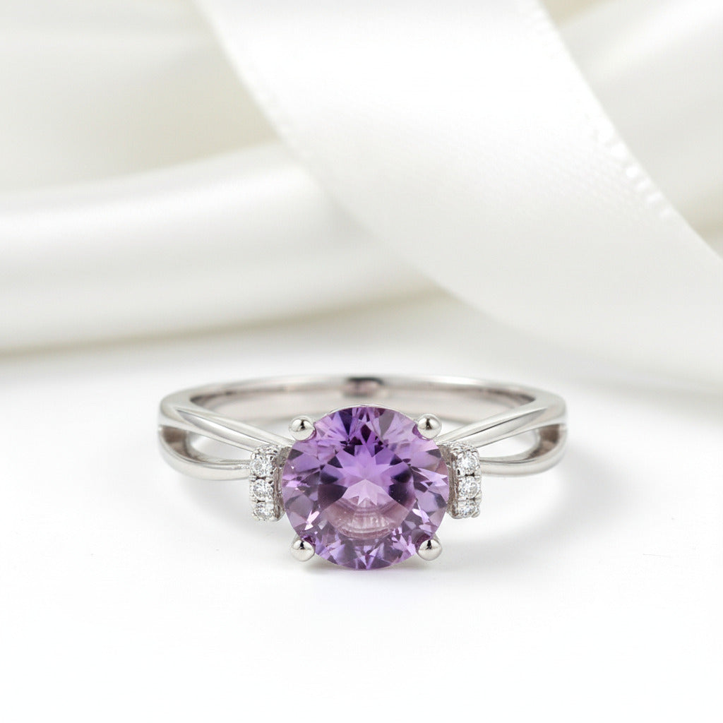 14k White Gold Purple Amethyst Diamond Option Ring-Black Diamonds New York